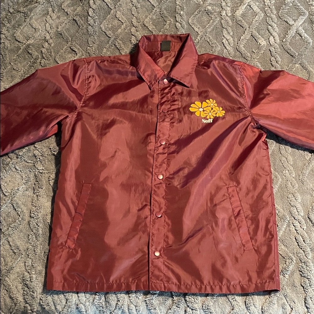 Neff Men's Burgundy Windbreaker with Yellow Floral Logo